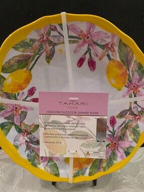 Tahari Home Lemon Floral Set of 4 Melamine 10" Scalloped Dinner Bowls New